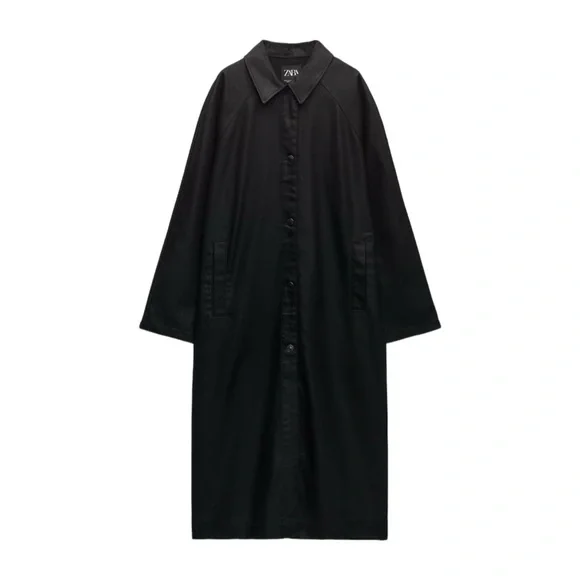 ZARA Oversized Denim Coated Trench Coat, Black, XS/SM